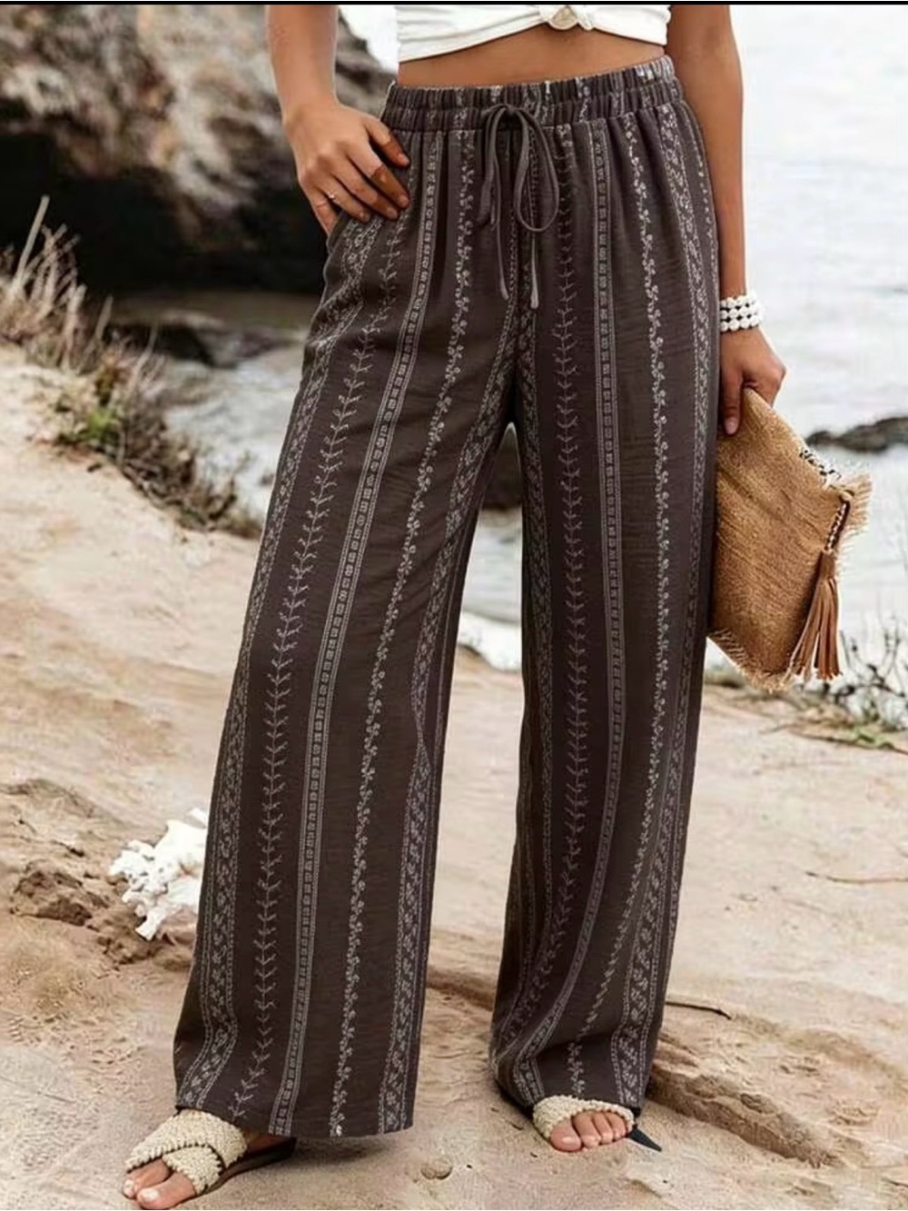 SHEIN Brown Printed Wide-Leg Drawstring Pants